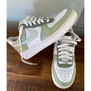 Nike Air Force 1 Green White Sneakers Leather Low Top Shoes Women Sz 8 Custom